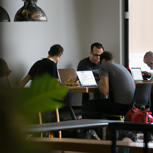 A group of digital nomads working in a co-working space with their laptops and travel gear.